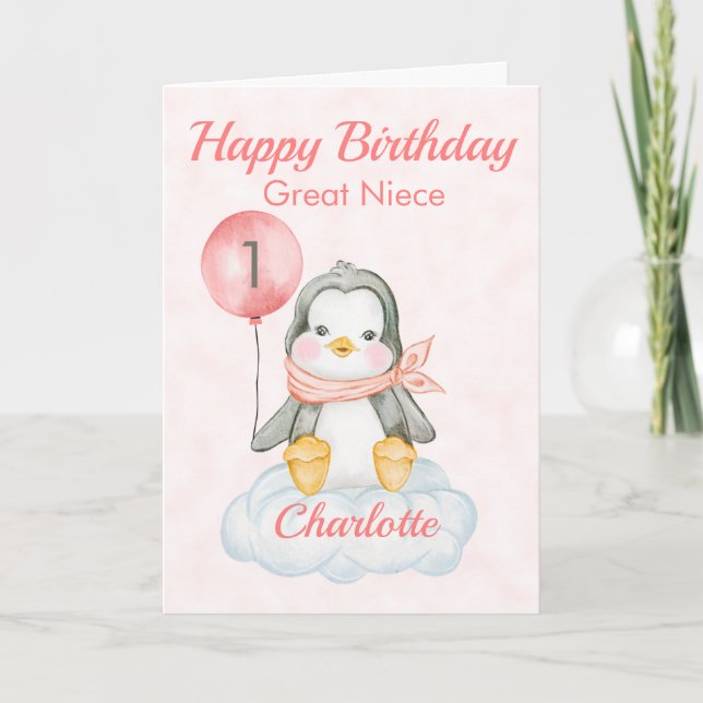 Tarjeta Gran sobrina pingüino feliz primer cumpleaños (Anverso)