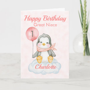 Tarjeta Gran sobrina pingüino feliz primer cumpleaños