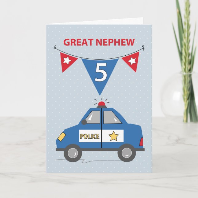 Tarjeta Gran sobrino 5° cumpleaños auto de la policía azul (Anverso)