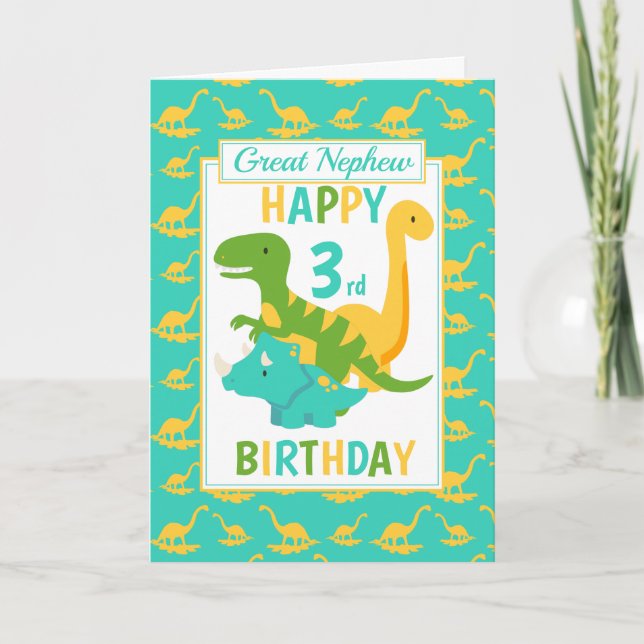 Tarjeta Gran sobrino dinosaurio 3 cumpleaños azul (Anverso)