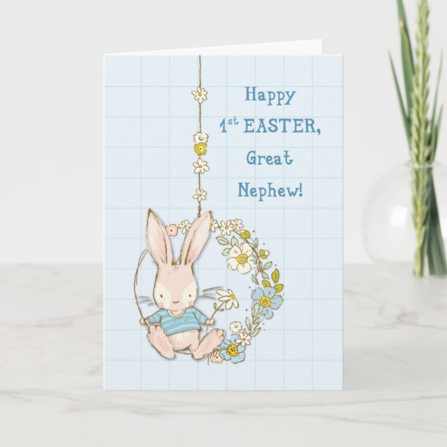Tarjeta Gran sobrino primer conejo de Pascua con flor (Anverso)