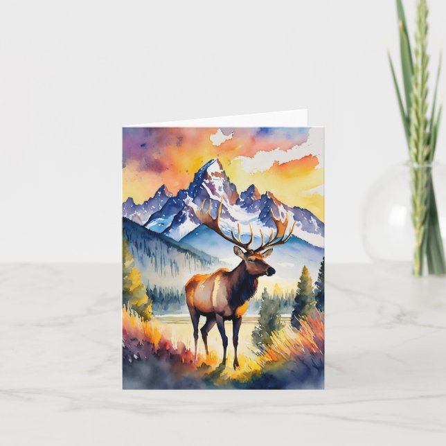 Tarjeta Gran Teton Parque Nacional Elk Watercolor (Anverso)