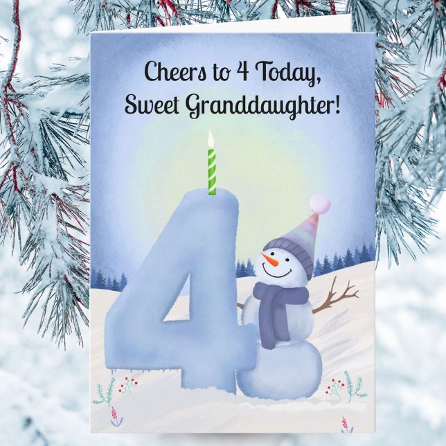 Tarjeta Granddaughter 4th Birthday Snowman with Snowy Four (Subido por el creador)