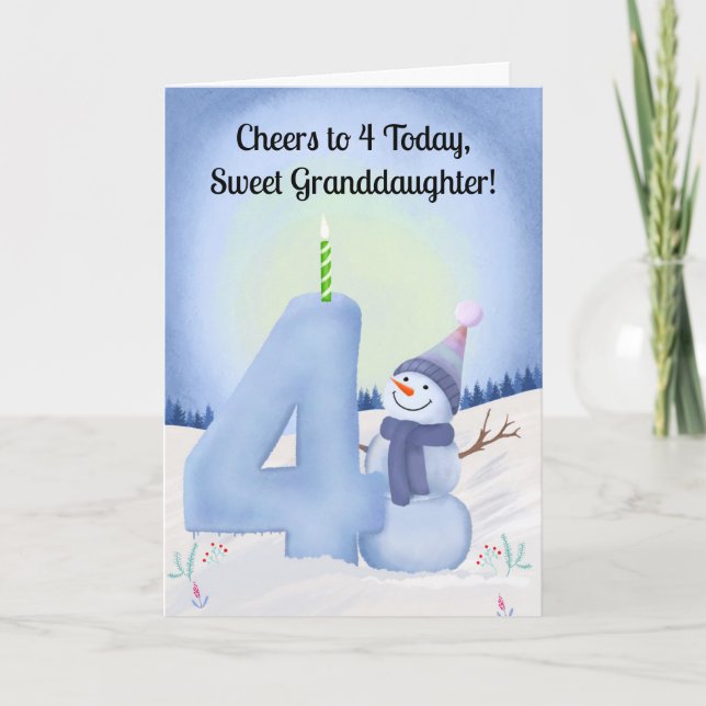 Tarjeta Granddaughter 4th Birthday Snowman with Snowy Four (Anverso)