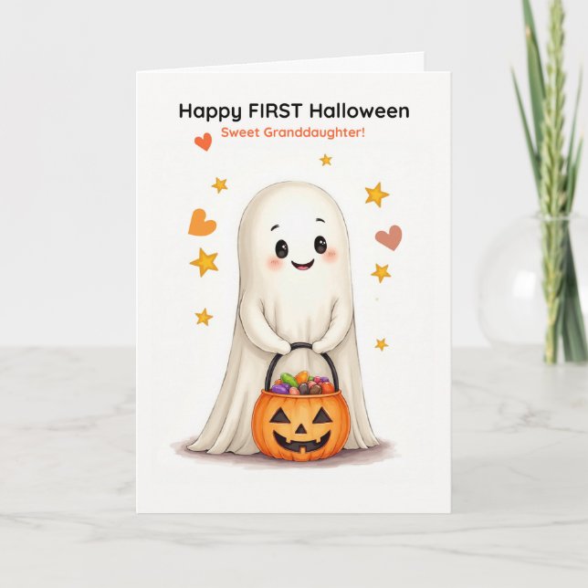 Tarjeta Granddaughter First Halloween Cute Shy Ghost (Anverso)