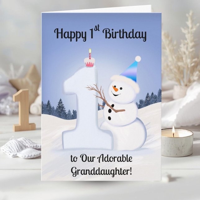 Tarjeta Granddaughter Happy 1st Birthday Snowman Building (Subido por el creador)