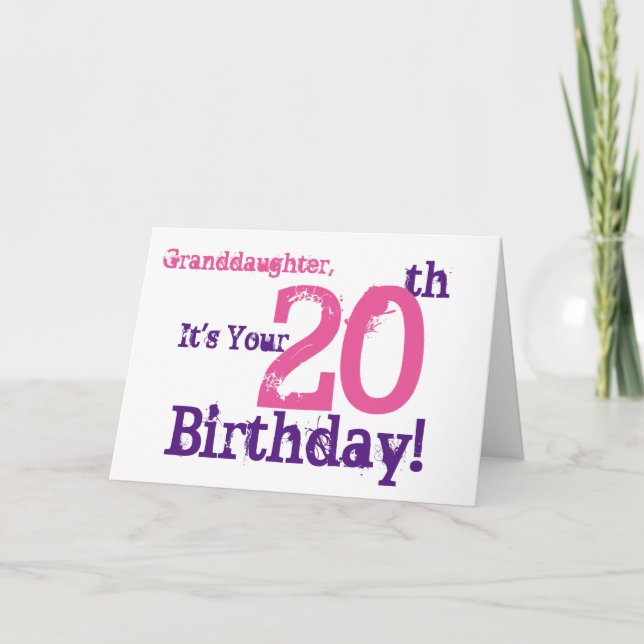 Tarjeta Granddaughter's 20th birthday in purple, pink. (Anverso)