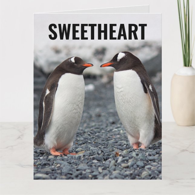 TARJETA GRANDE DE AMOR ROMÁNTICO DE PINGÜINO (Anverso)
