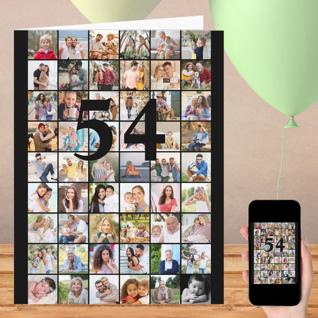 Tarjeta grande de cumpleaños con collage de 54 fot (Photo Collage of 54 pictures and option to print any age on the front)