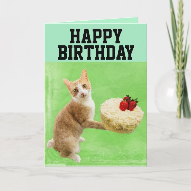 TARJETA GRANDE DE FELICITACIÓN DE GATO CON PASTEL  (Anverso)