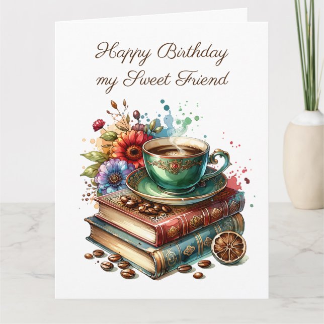 Tarjeta Grandes libros antiguos, flores y café Cumpleaños (Anverso)