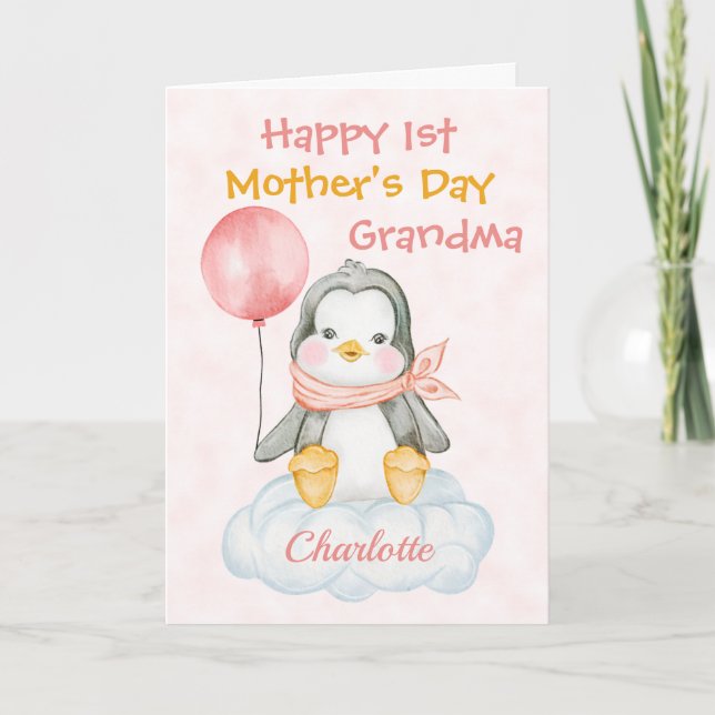 Tarjeta Grandma 1st Mother's Day Penguin Pink (Anverso)