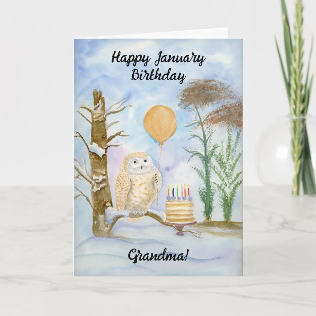 Tarjeta Grandma Happy January Birthday Owl Cake (Anverso)