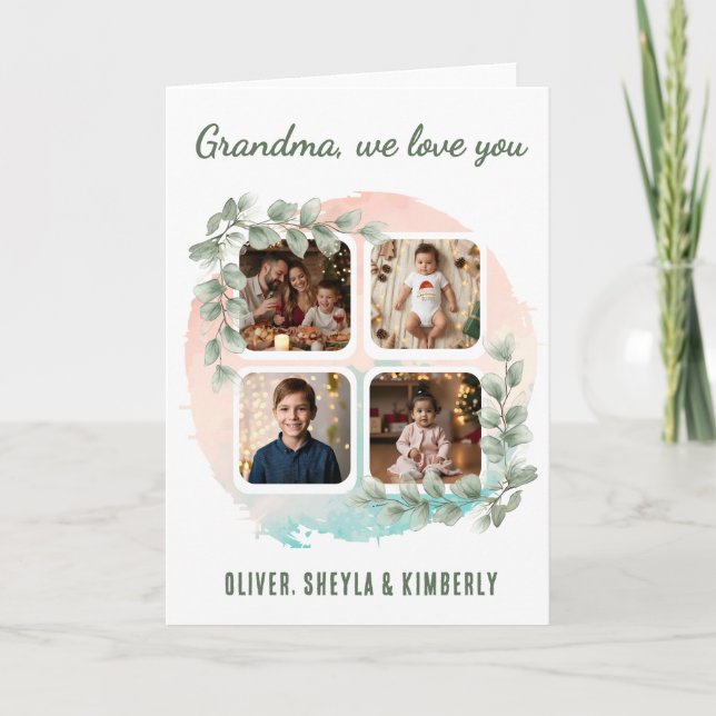 Tarjeta Grandma we love you 6 Photo Collage Eucalyptus (Anverso)