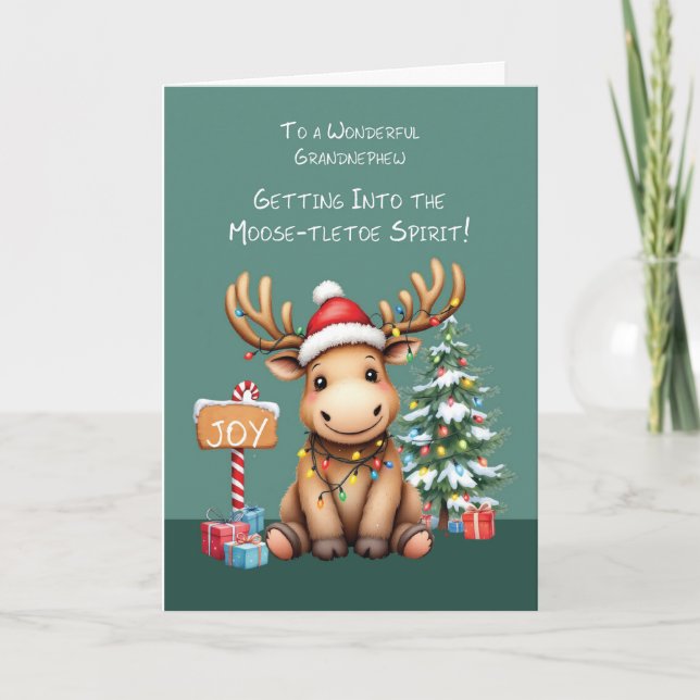 Tarjeta Grandnephew Adorable Funny Moose Navidades (Anverso)