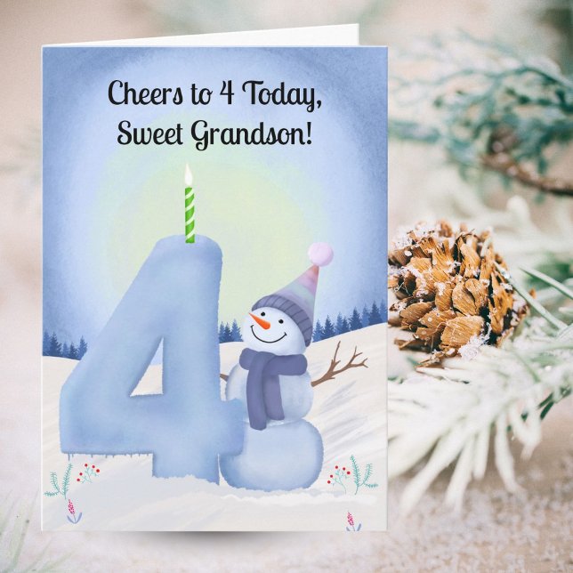 Tarjeta Grandson 4th Birthday Snowman with Snowy Four (Subido por el creador)