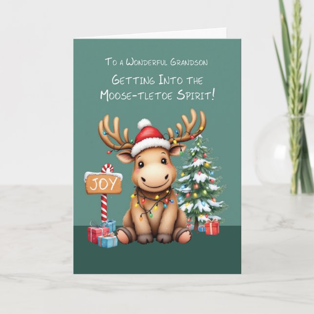 Tarjeta Grandson Adorable Funny Moose Navidades (Anverso)