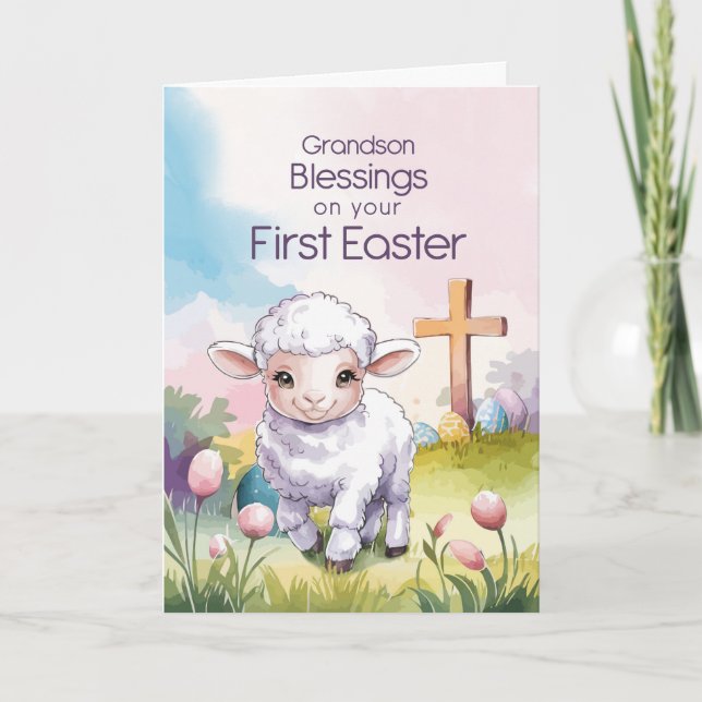 Tarjeta Grandson Baby’s First Easter Religious Lamb (Anverso)