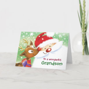 Tarjeta Grandson, Christmas, Cute Reindeer & Santa