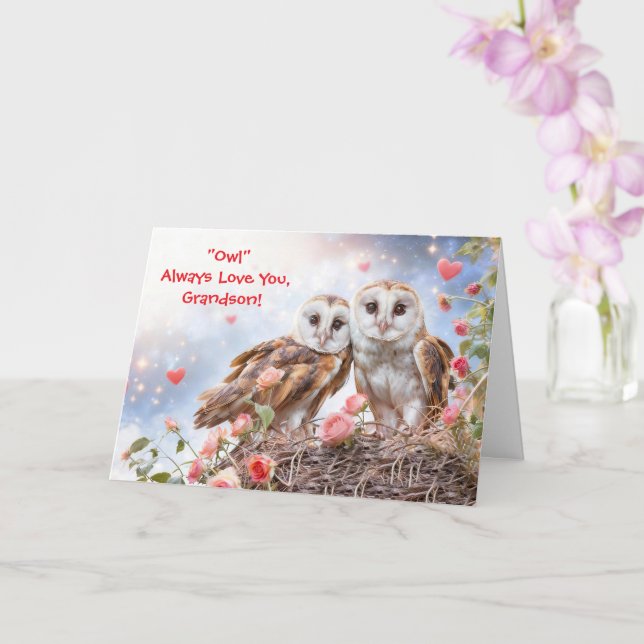 Tarjeta Grandson Cute and Fun Owl Valentines  (Orquídea)