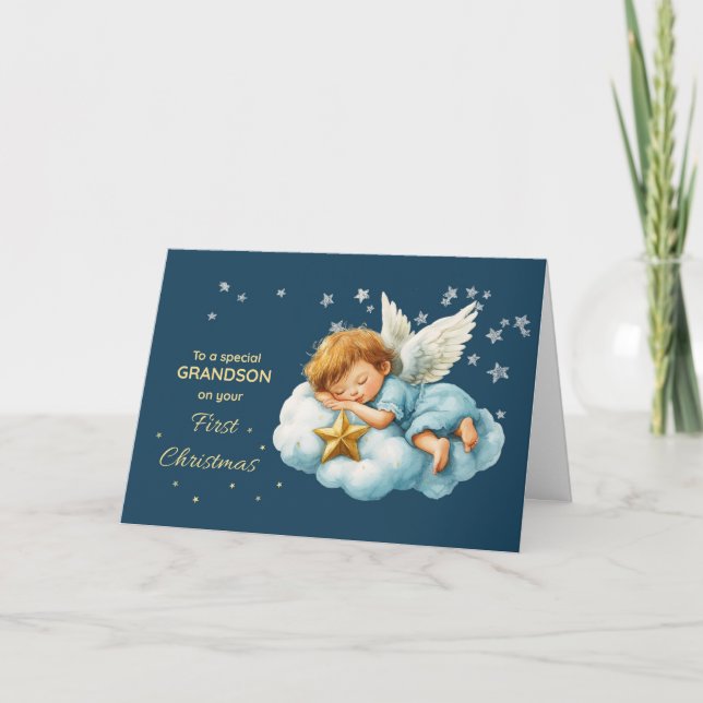 Tarjeta Grandson First Christmas Sleeping Angel on Cloud (Anverso)
