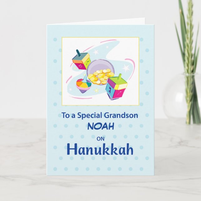 Tarjeta Grandson Hanukkah Blue Dreidel (Anverso)