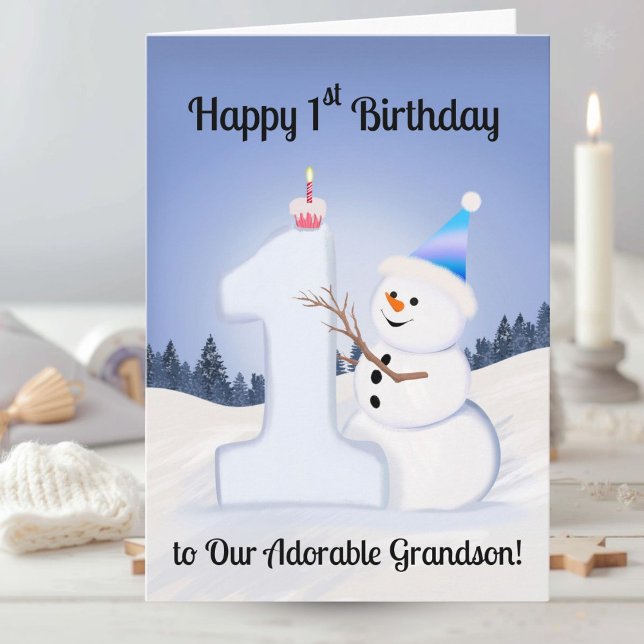 Tarjeta Grandson Happy 1st Birthday Snowman Building One (Subido por el creador)