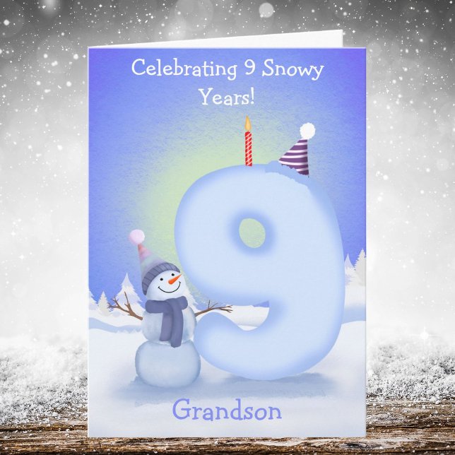 Tarjeta Grandson Happy 9th Birthday Snowman Building  (Subido por el creador)