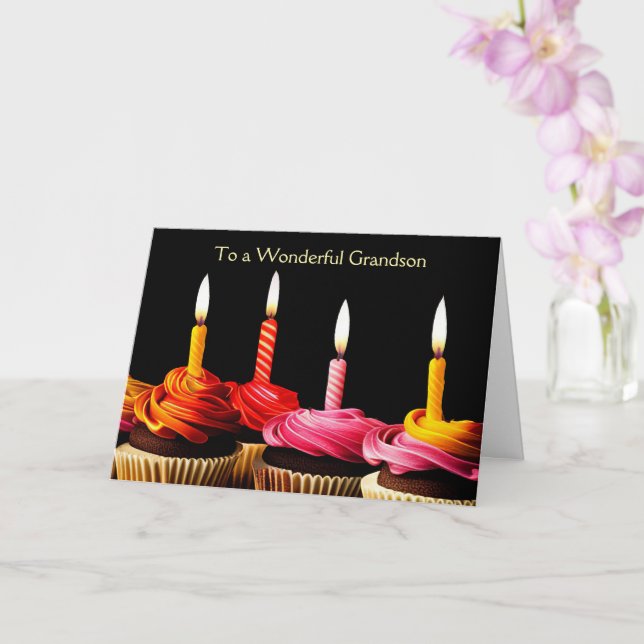 Tarjeta Grandson Happy Birthday Cupcakes and Candles (Orquídea)