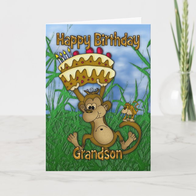 Tarjeta Grandson Happy Birthday with monkey holding cake (Anverso)