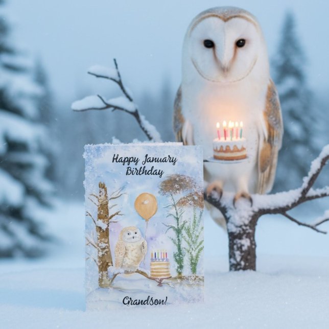 Tarjeta Grandson Happy January Birthday Owl Cake (Subido por el creador)