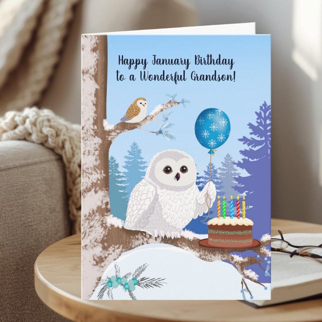Tarjeta Grandson Happy January Birthday Snowy Owl (Subido por el creador)
