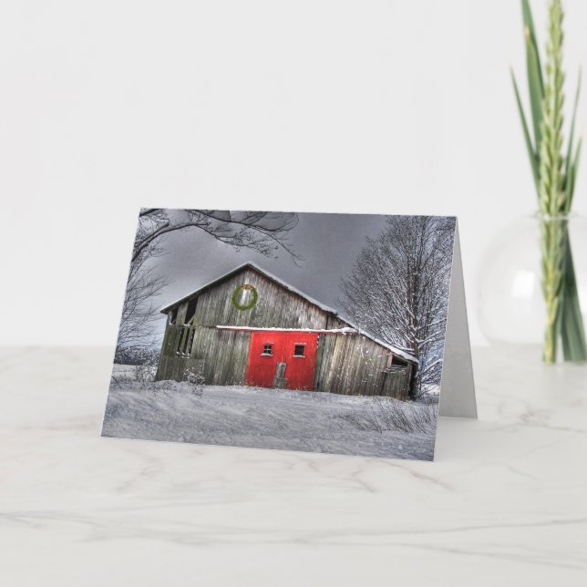 Tarjeta Granero de Navidad con puertas rojas (Anverso)