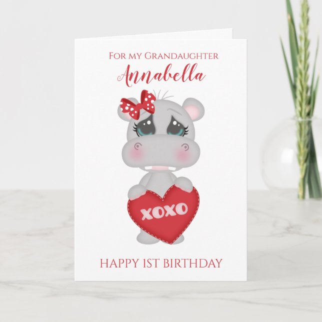 Tarjeta Granhijita Primer Cumpleaños Cute Rojo Hippo Foto (Anverso)