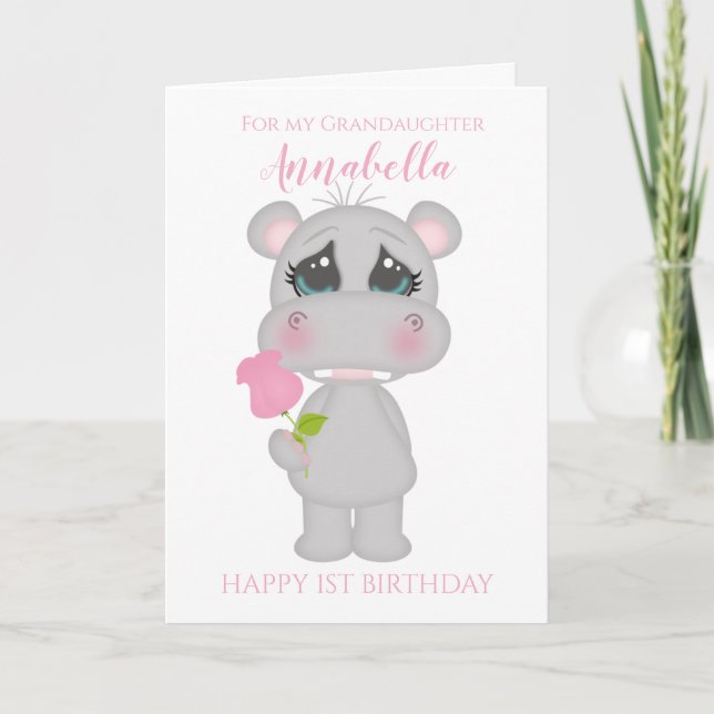 Tarjeta Granhijita Primer cumpleaños Cute Rosa Hippo Foto (Anverso)