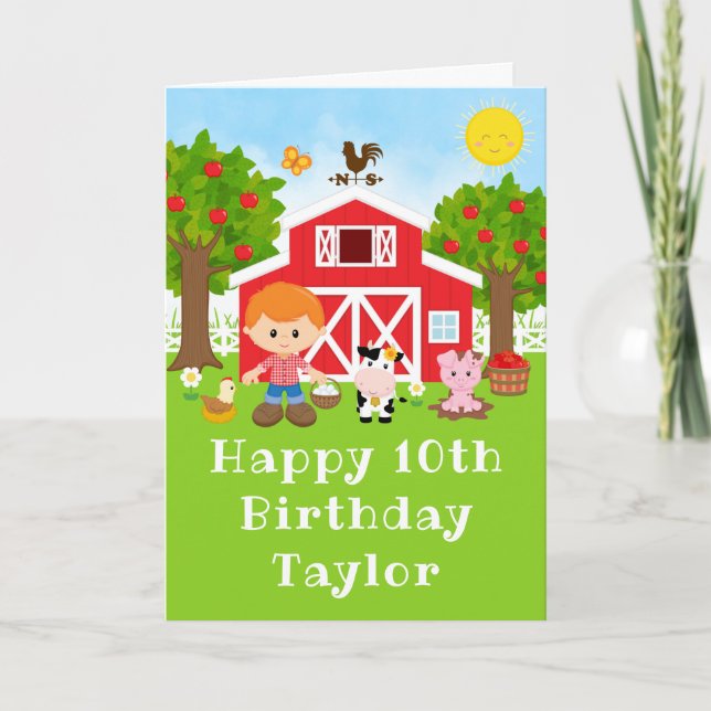 Tarjeta Granja Red Barn Red Hair Boy Feliz Cumpleaños (Anverso)