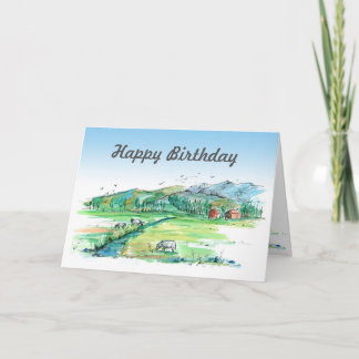 Tarjeta Granja Rojo Vacas Acuarela Feliz Cumpleaños