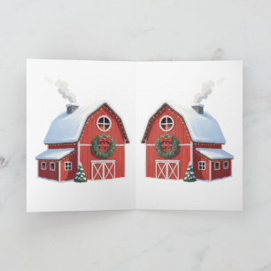 Tarjeta Granja Rústica Festiva Granero Rojo Nevado Navidad
