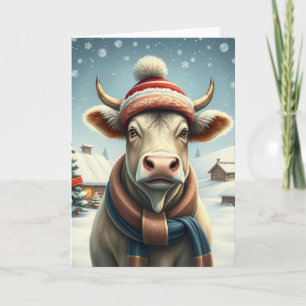 Tarjeta Granja Vaca con Ropa de Invierno Elegante y Sombre