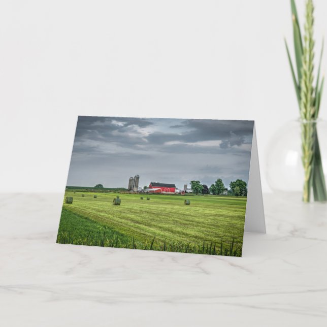 Tarjeta Granjas | Granja roja y silo en primavera (Anverso)