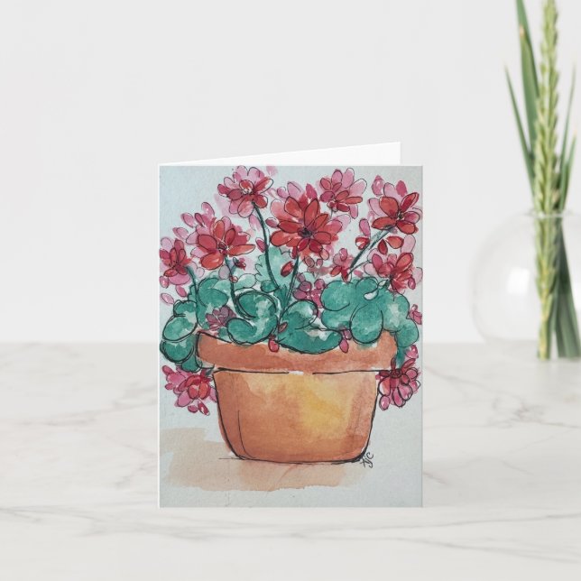 Tarjeta Grano de arcilla acuarela geranios rojos - blanco  (Anverso)