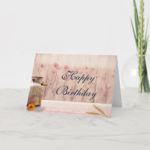 Tarjeta Grano de leche rústico con trigo y flores Cumpleañ