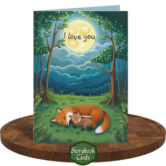 Tarjeta Gratitud Zorro Padre Hijo Acurrucarse Luna Bosque 