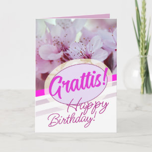 Tarjeta Grattis en sueco floral rosa y púrpura