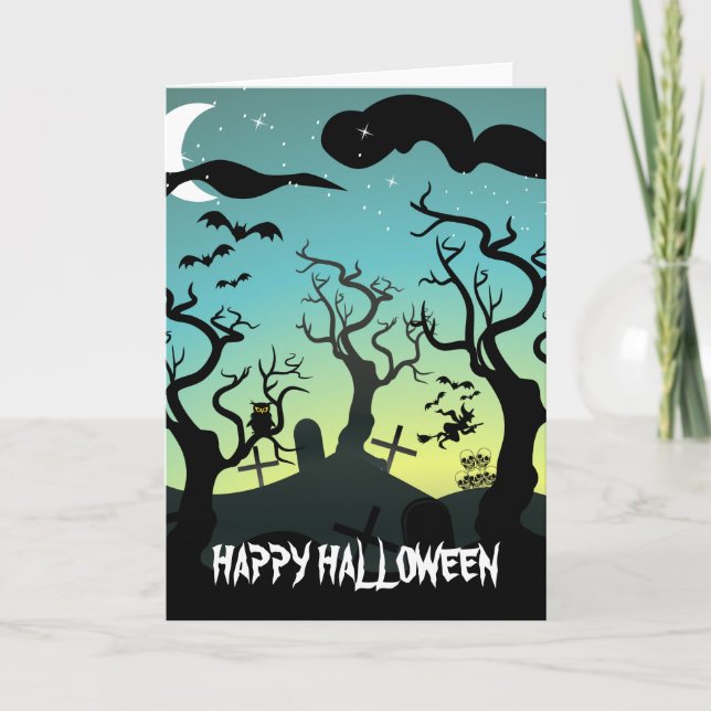 Tarjeta Graveyard black, aqua, Halloween amarillo (Anverso)