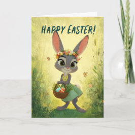 Tarjeta Gray Bunny Wearing Flower-Crown w/ Easter Basket