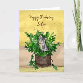 Tarjeta Gray Kitten sentado en una olla de cumpleaños