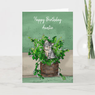 Tarjeta Gray Kitten sentado en una olla de cumpleaños