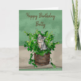 Tarjeta Gray Kitten sentado en una olla de cumpleaños