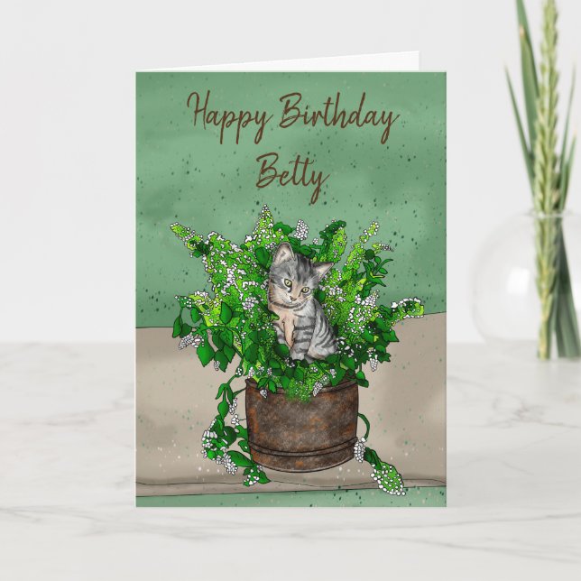 Tarjeta Gray Kitten sentado en una olla de cumpleaños (Anverso)